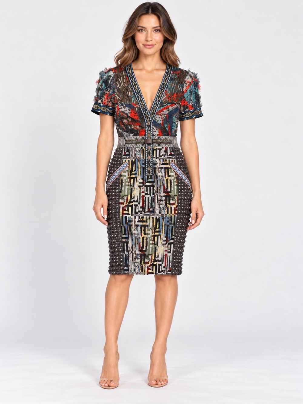 Byron Lars Beauty Mark Belted Patchwork Midi Dress Art to Wear Boho Luxe